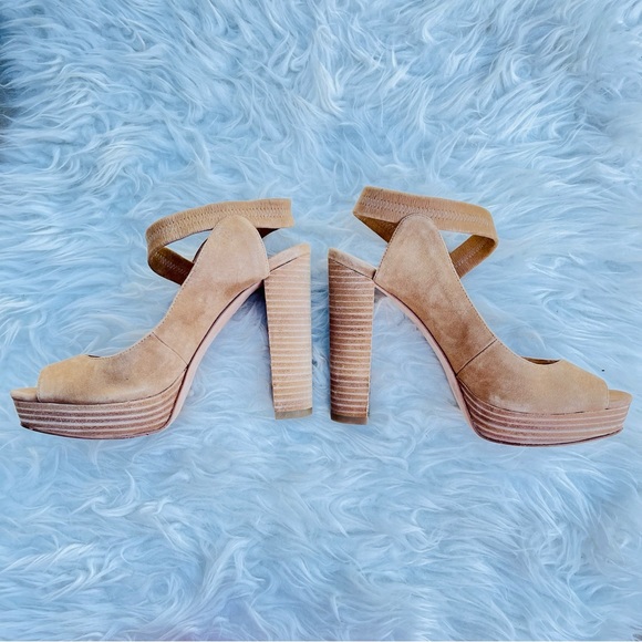 Pelle Moda Nude Neutral Tan Suede Open Peep Toe High Heel Sandal - Picture 4 of 16